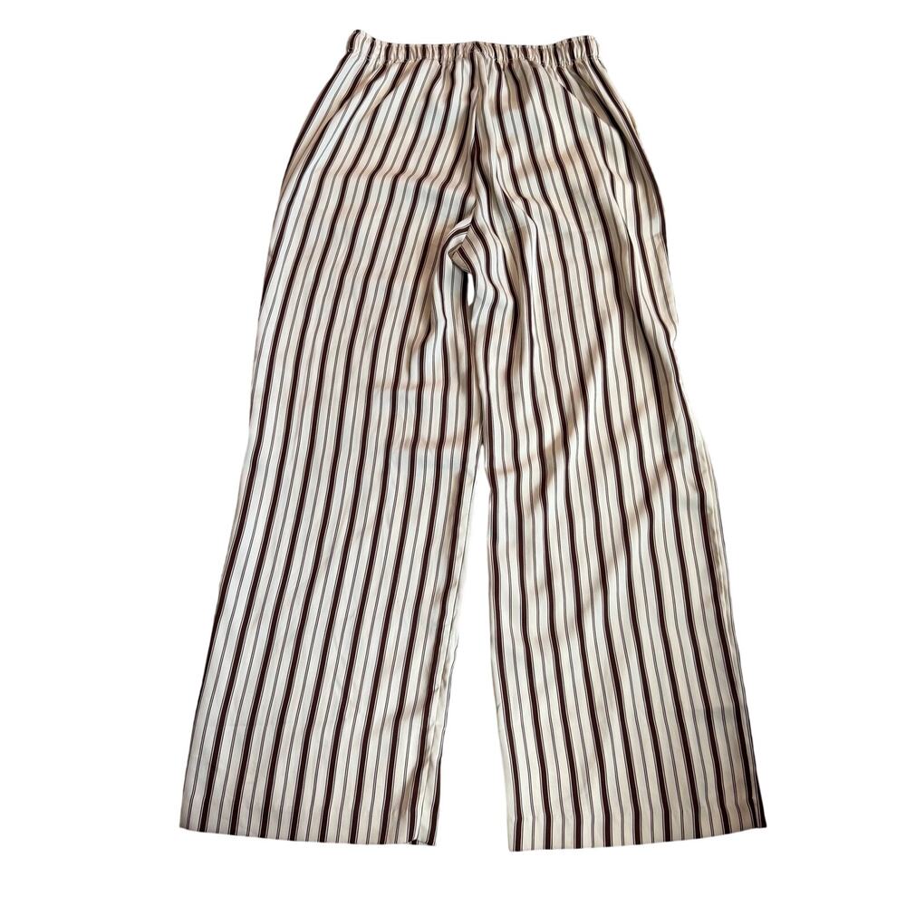 H&M Cream Brown Striped Wide Leg Pants Women's Medium Pull On Drawstring Palazzo - Picture 3 of 10